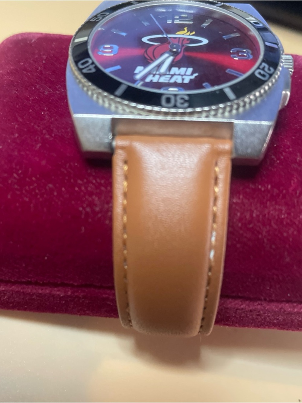 Miami Heat Logo Dial Watch - Red Face, Brown Strap - running - Picture 3 of 5